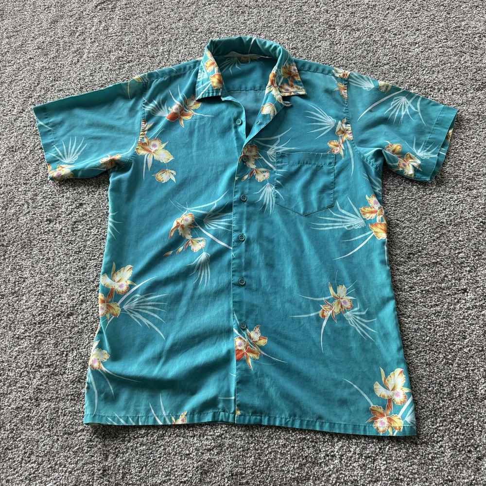 Vintage Hawaiian Shirt Mens Medium Blue Floral Short Sleeve Button Up
